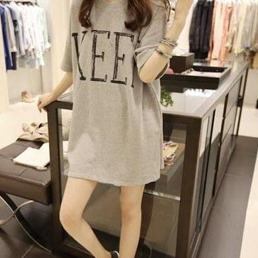 2017夏季新款韩版宽松大码女装中长款简约字母圆领短袖T恤女