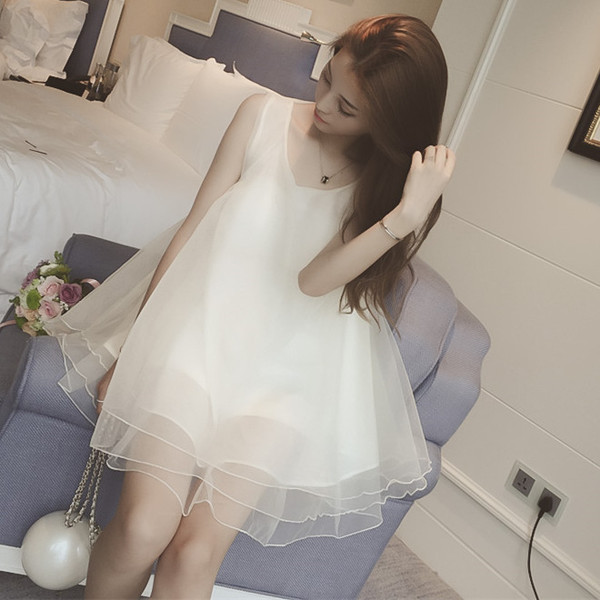 2017夏装时尚女装新款公主裙无袖蓬蓬下摆甜美欧根纱上衣连衣裙女