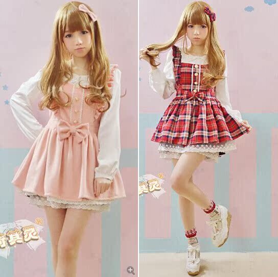 苛苛非主流女装少女生学生韩版格子连衣裙长袖拼接小可爱娃娃领萌