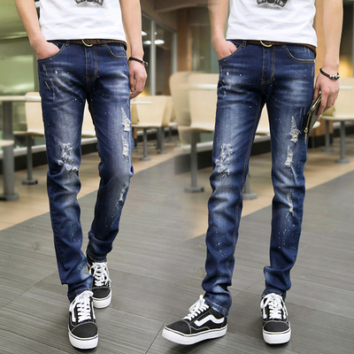 韩式男牛仔裤紧身小脚窄腿裤蓝色破洞小腿裤春