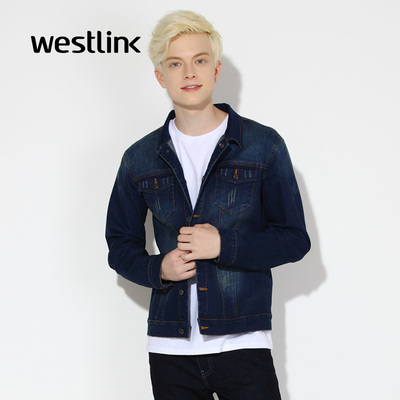 westlink西遇2016秋季新款 潮流简约百搭男士休闲蓝色牛仔短外套