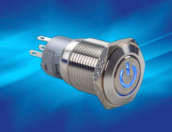 送线 纯不锈钢 16mm金属按钮开关 自锁 防水平头带电源符号led灯
