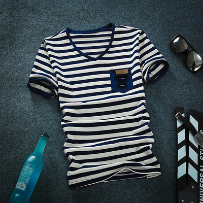2016夏季新品男式短袖日系修身圆领条纹套头打底衫韩版学生t恤潮