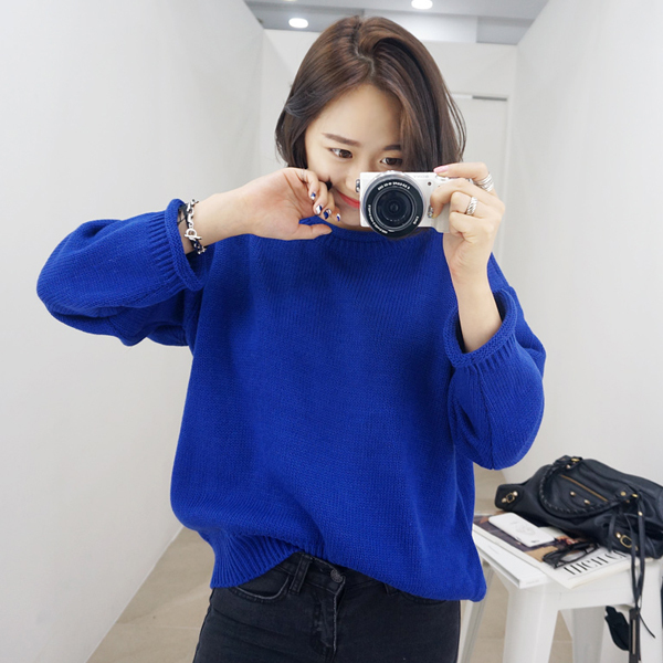 liu`s独家定制2015秋装新款韩版宽松套头圆领卷边女毛衣长袖针织