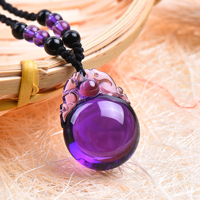 纯天然紫水晶项链紫晶吊坠如意锁挂坠男女款项坠手工雕刻生日礼物