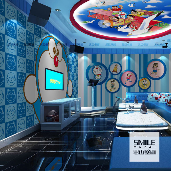 3d欧式卡通多啦a梦立体儿童ktv酒店主题房间背景墙纸无缝自粘壁画