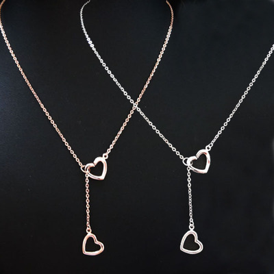 925纯银双层心形项链毛衣链玫瑰金锁骨链短款心扣心吊坠双心项链