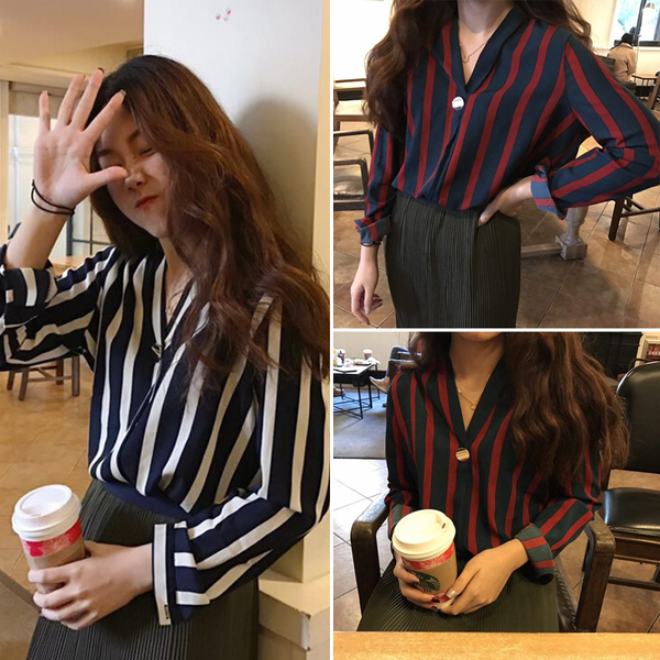 春装2017新款韩版宽松显瘦百搭V领一粒扣条纹长袖衬衣女打底上衣