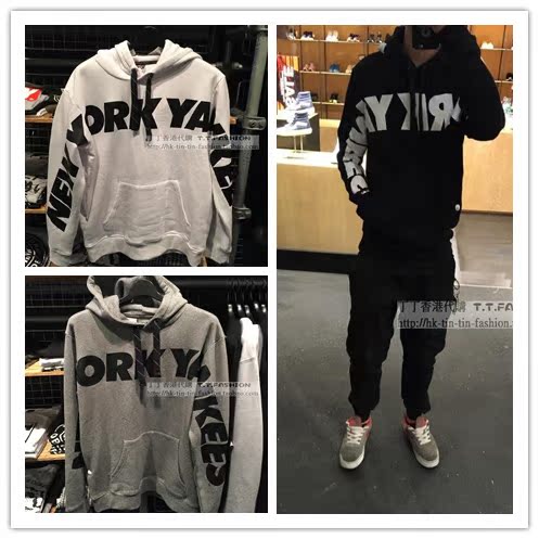 丁丁^%香港代购yankees 袖子链接字母图案长袖帽衫卫衣15秋