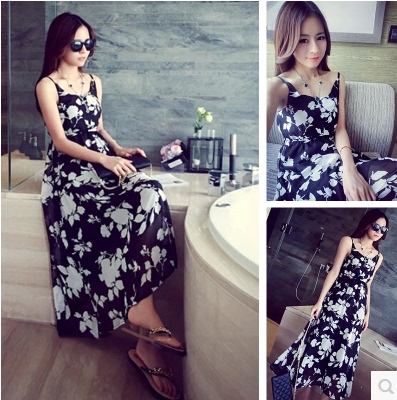 早春新款女装淑女百搭修身显瘦黑底白色大花无袖吊带连衣裙长裙