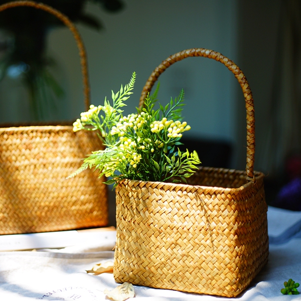 kacagarden海草编提篮花篮装饰篮 礼品筐篮收纳篮 篮子手提储物筐