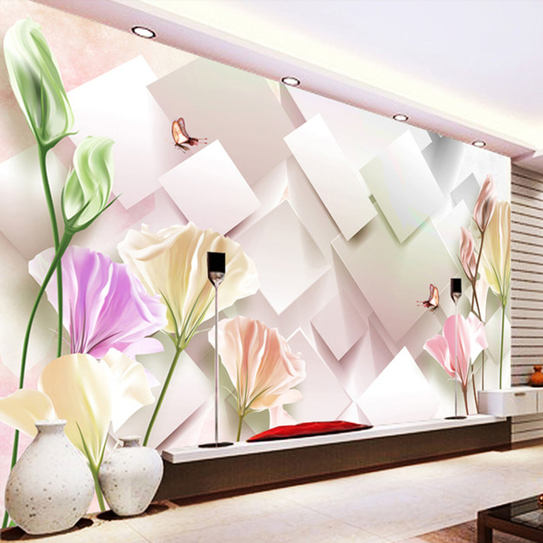 定制壁画墙布电视背景墙沙发卧室墙个性郁金香清新简约现代无妨纸