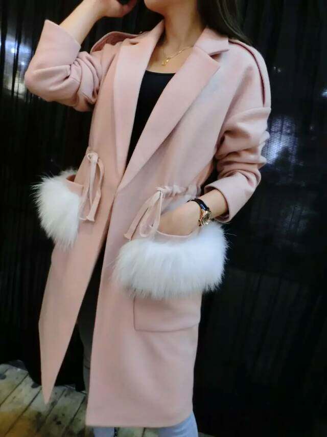 محطة DS أوروبا في فصل الشتاء معطف جديد الصوفية مقطع طويل من الإناث حقيقية معطف فرو الثعلب جيب الخصر شرنقة الصوفية المد