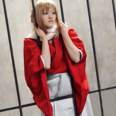 银魂剧场版完结篇cosplay服装 冲田总悟红色和服 围巾 假发全套