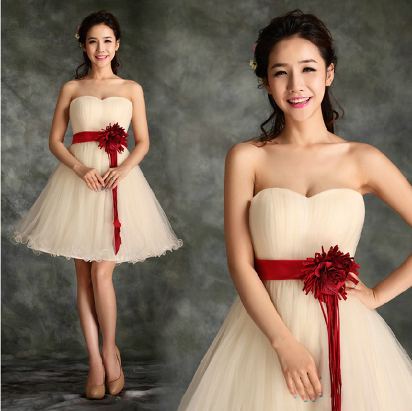 2015新款香槟色伴娘服短款夏抹胸小礼服蓬蓬裙宴会晚会姐妹团晚装