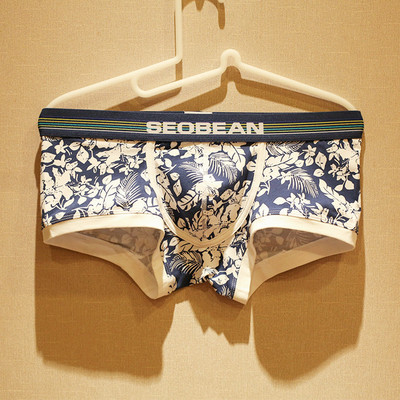男士内裤 低腰性感平角裤 植物小碎花青花内裤纯棉内裤男1件包邮