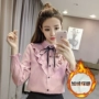 Cộng thêm áo nhung nữ tay dài ấm áp thu đông 2018 mới Han Fan nơ áo sinh viên dày cơ Kiểu áo sơ mi nữ tay lỡ