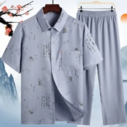 Đàn ông trung niên và già cotton và vải lanh Tang phù hợp với tay ngắn mùa hè đầm bố buông lỏng Hanfu ông nội trang phục nổi tiếng Trung Quốc - Trang phục dân tộc