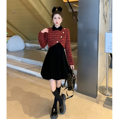 taobao agent Demi-season advanced dress, set, retro mini-skirt, plus size, Chanel style, high-quality style, A-line