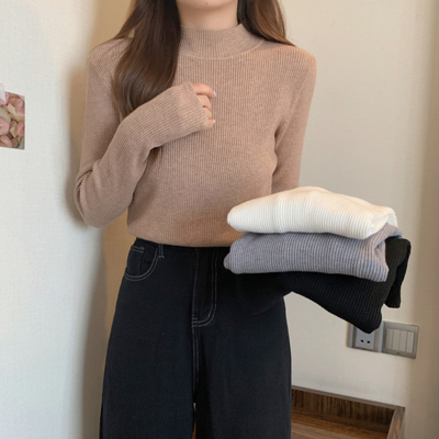 taobao agent Knitted demi-season long-sleeve, sweater, black top, plus size, high collar, fitted
