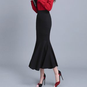秋冬季鱼尾裙荷叶边高腰女弹力包臀修身大码中长款半身裙毛呢长裙