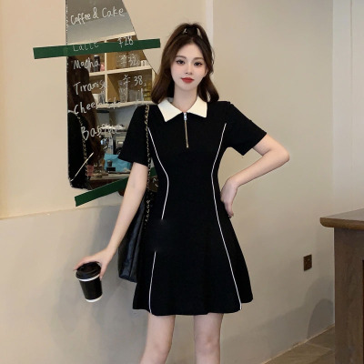 taobao agent Black summer advanced dress, plus size, polo collar, high-quality style, bright catchy style, for pear shaped body, A-line