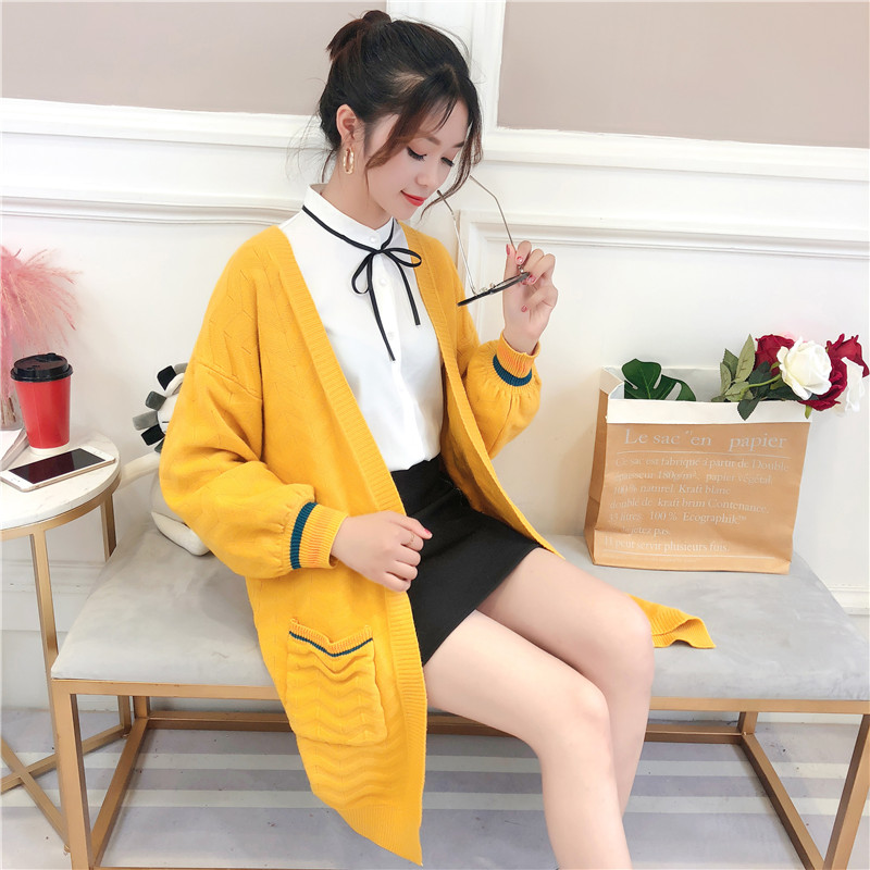 秋装女2018新款chic韩版慵懒风小清新毛衣女甜美开衫外套中长款