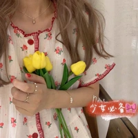Летняя хлопковая марлевая пижама, короткий рукав, в корейском стиле, цветочный принт, длина миди