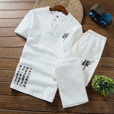 中国风 夏季43亚麻套装男士棉麻短袖T恤大码九分裤A348-TZ601-P50