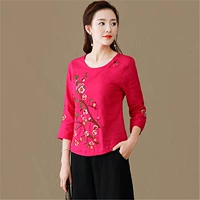 Mùa xuân 2018 mới phong cách quốc gia kích thước lớn của phụ nữ cotton và vải lanh thêu áo cổ tròn áo thun bảy điểm tay áo - Áo phông áo phông trơn