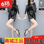 618 cùng giá tìm kiếm Bộ sưu tập trang phục vịt và vịt của phụ nữ Hàn Quốc 2019 mới mùa hè áo sơ mi ngắn tay không khí nước ngoài mỏng hai sọc - Quần áo ngoài trời