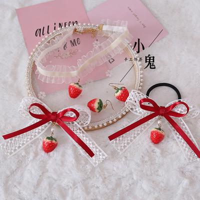 taobao agent Japanese white ponytail with bow, hairgrip, strawberry, hair accessory, necklace, chain, earrings, floral print