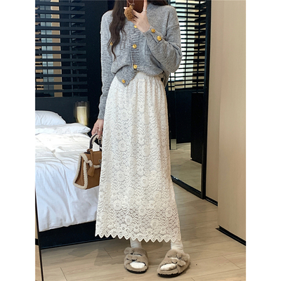 taobao agent Lace autumn pleated skirt, fitted long skirt, plus size, elastic waist, high waist, maxi length