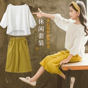 Quần áo trẻ em mùa hè 2019 phiên bản Hàn Quốc của các cô gái diện bộ đồ giản dị trong quần cotton bé trai rộng bảy điểm quần ống rộng áo thun hai dây - Phù hợp với trẻ em