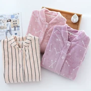 Bộ đồ ngủ nữ cotton top một mảnh quần áo mùa hè thuần khiết mùa thu và áo len sọc nhỏ dễ thương nhà ngắn tay lỏng lẻo - Pyjama
