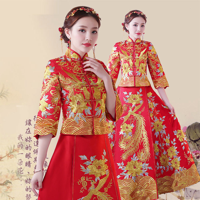 Suhe traditional wedding dress, evening dress, red oolong tea Da Hong Pao, 2018, Chinese style