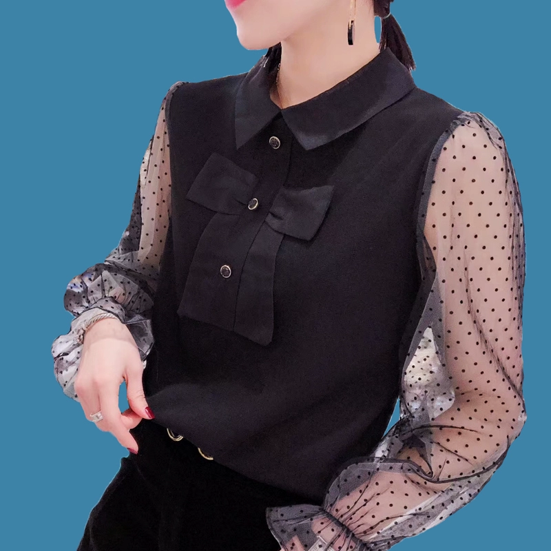 Áo sơ mi nữ thắt nơ giảm tuổi xuân 2020 mặc mới ngọt ngào chấm bi lưới tay áo đáy áo khâu trên cùng - Áo sơ mi