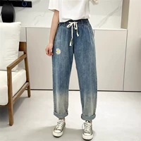 Джинсовые джинсы для отдыха, штаны, эластичная талия, высокая талия, в корейском стиле, свободный прямой крой