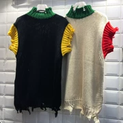 Mùa đông 2018 phiên bản mới của Hàn Quốc phối màu rách rưới bên hông áo len dày que thời trang hoang dã không tay đan áo vest