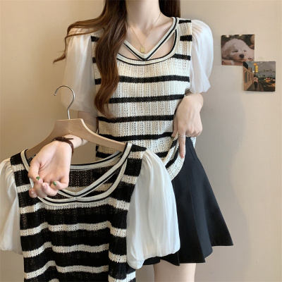 taobao agent Set, summer T-shirt, retro top, plus size, puff sleeves, fitted