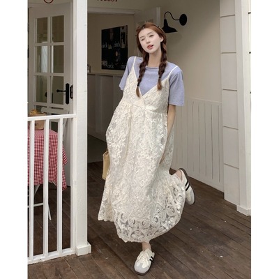 taobao agent Lace summer slip dress, set, long skirt, plus size, fitted