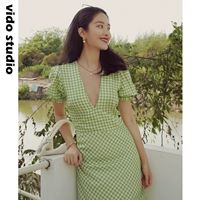 Ретро зеленое цветное приталенное платье, юбка, французский стиль, V-образный вырез