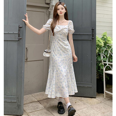 taobao agent Summer dress, plus size, french style, floral print, fitted, puff sleeves, fish tail