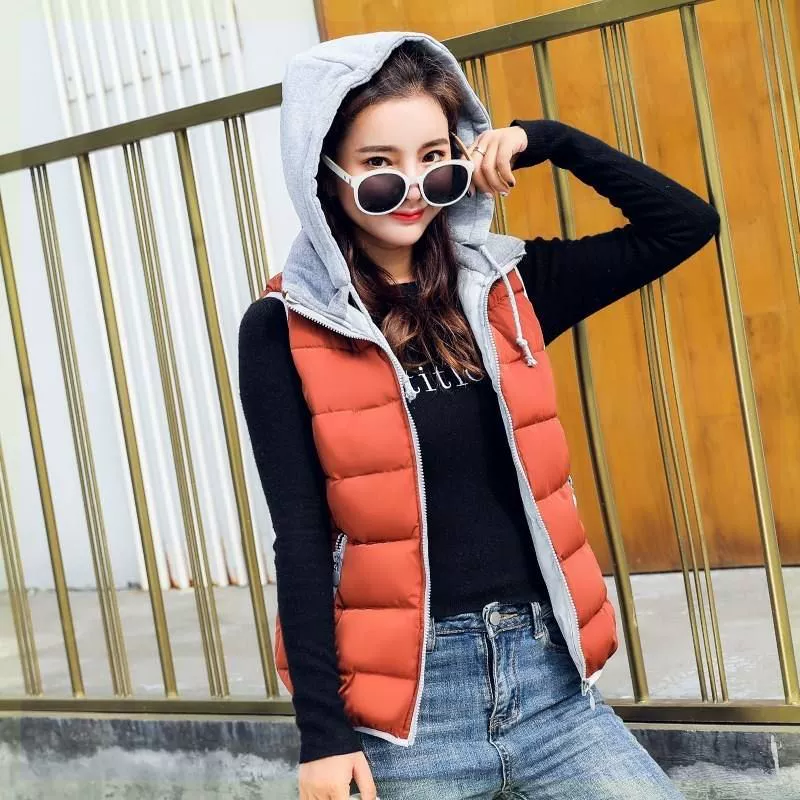 Phiên bản Hàn Quốc của áo ghi lê áo khoác dày vest vest phần ngắn trùm đầu bông sinh viên hoang dã phù hợp với mùa thu và mùa đông ren nữ - Áo vest