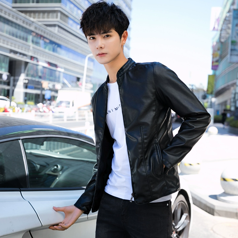 Da nam Slim Hàn Quốc đẹp trai mùa xuân và mùa thu Hained leather giới trẻ xe máy áo khoác xu hướng áo khoác - Quần áo lông thú