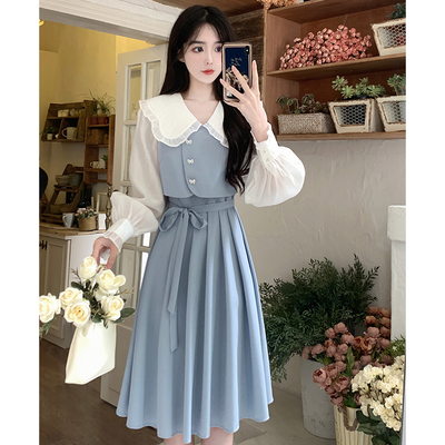 taobao agent Small set, design blue dress, plus size, french style, fitted, A-line