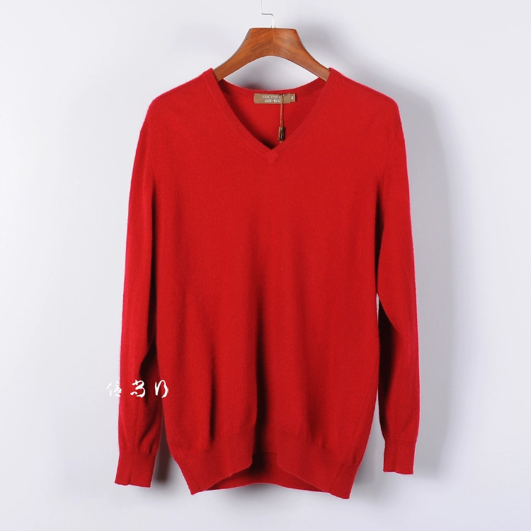 Áo len cashmere nguyên chất màu đỏ cổ chữ V cashmere rõ ràng đặc biệt áo len nam dài tay áo thun mùa thu đông - Áo len Cashmere