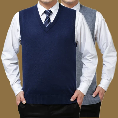 Mùa xuân và mùa thu trung niên của nam giới cashmere vest vest V-Cổ áo len đan áo len kinh doanh bình thường daddy áo vest nam body Dệt kim Vest