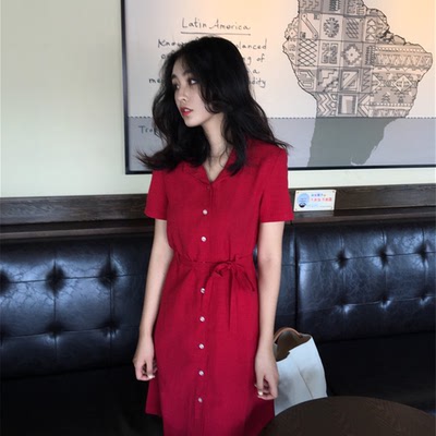 Mùa hè mới Han Fan chic loose đơn ngực v cổ áo sơ mi dress retro red ren ngắn tay áo đầm triều nữ đầm nữ đẹp Sản phẩm HOT
