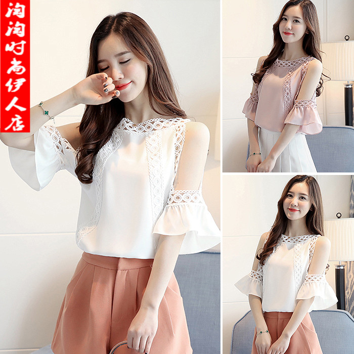 Mùa hè mới lỏng mỏng sexy quây trumpet tay áo voan áo sơ mi nữ hoang dã rỗng ren ngắn tay áo triều